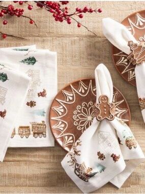 NWT Pottery Barn Gingerbread Train Cotton Napkins Set of 4 Holiday Embroidered